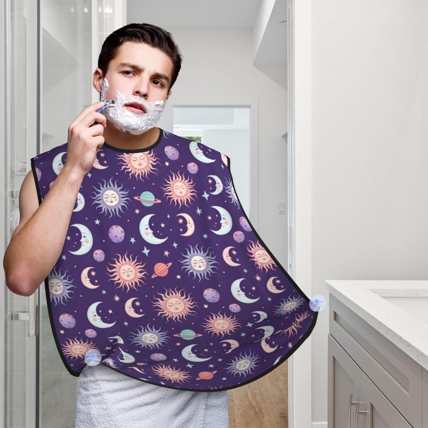 Beard Bib with 3 Suction Cups, Non-Stick Waterproof Hair Catcher Apron, Men's Shaving Essential for Grooming, Purple Galaxy Night Star Sky Trippy Sun and Moon Shave Bib