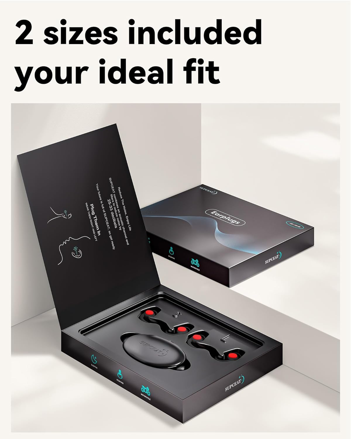 SUPCEAT Ear Plugs for Sleeping - Noise Reduction Soft Silicone Earplugs, 2 Pairs Reusable Hearing Protection Earplugs for Noise Sensitivity, Sleep,Snore,Travel,Sound Reduction Noise Cancelling - Black