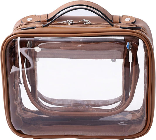 SANHECUN traveling toiletry Case large clear cosmetics case makeup bag Dimensions | LxWxH:10” x 4.5” x 7.5”(Brown, Medium)
