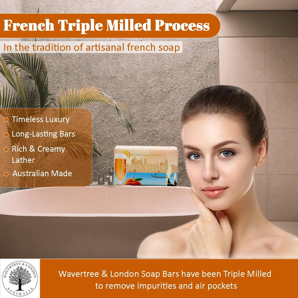 Wavertree & London Peach Bellini Scented Natural Soap Bar, 7oz Moisturizing French Triple Milled Soap Bar for Women & Men