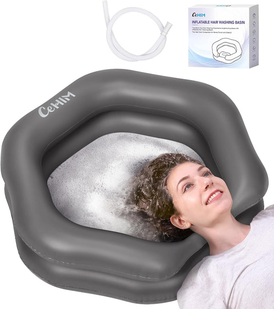 Inflatable Shampoo Basin for Bedridden, Elderly & Disabled - Petal-Shape Large Size, 360° Neck Support, Central Drain Hole with Pull Ring | Leak-Proof PVC Portable Hair Washing Bowl (Grey)