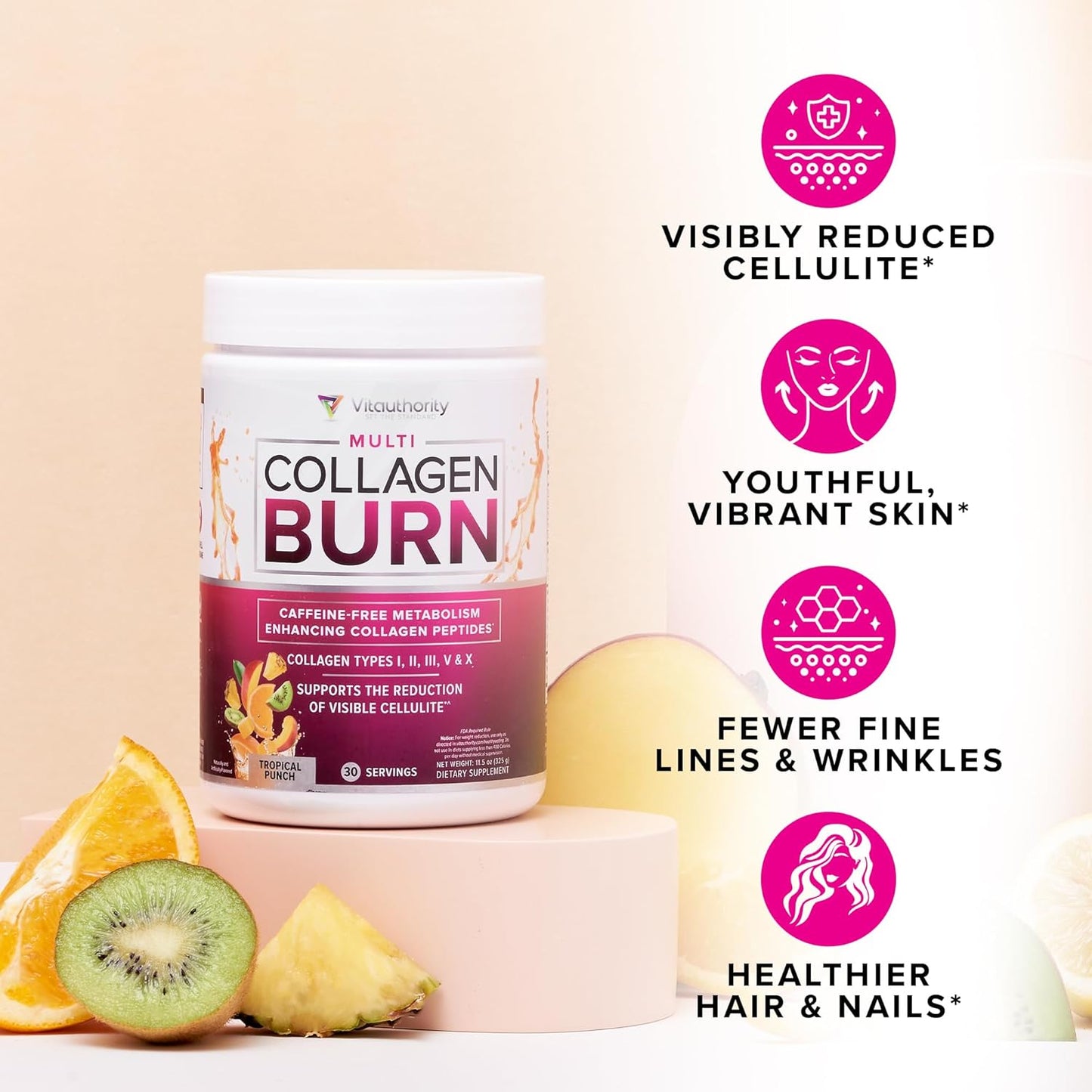 Multi Collagen Burn: Hydrolyzed Protein Peptides with Hyaluronic Acid, Vitamin C, SOD B Dimpless, Types I, II, III, V and X, Caffeine-Free Strawberry Lemonade Flavored 30 Servings