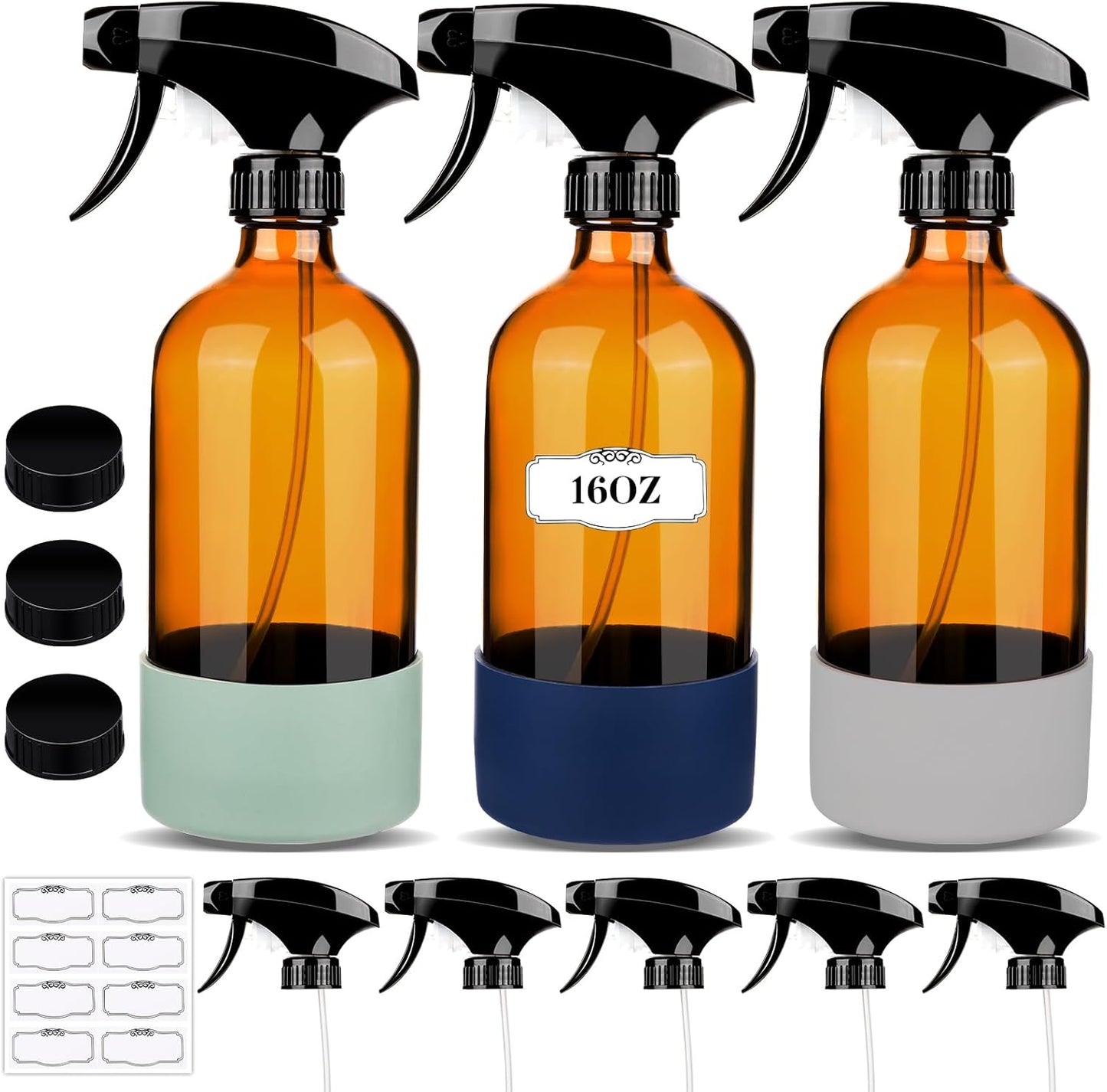 3 Pack/16 Oz Glass Spray Bottles, Refillable Empty Containers with Silicone Sleeve, Upgraded Adjustable Nozzle Spray Bottle Sets for Cleaning, Essential Oils, Hair (Amber)