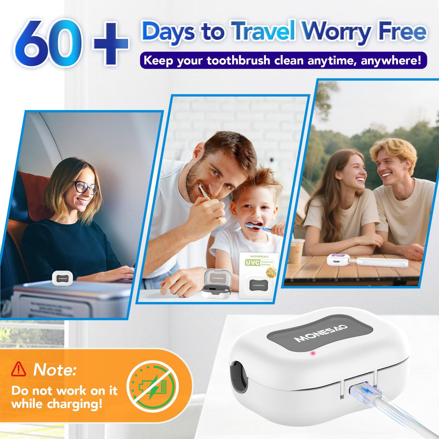 MONESAO Toothbrush Sanitizer Case, Portable Mini Toothbrush Covers with Holder, Rechargeable Travel Home Toothbrush And Holder, Cleaner Case for All Electric & Manual Toothbrushes (White)