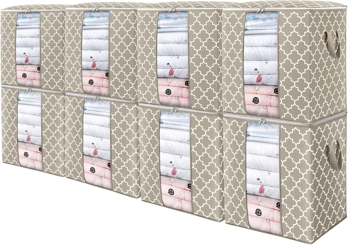 WISELIFE Storage Bags 8 Pack/100L Large Blanket Clothes Organization and Storage Containers for Comforters,Bedding, Foldable Organizer with Reinforced Handle, Clear Window, Sturdy Zippers,Beige