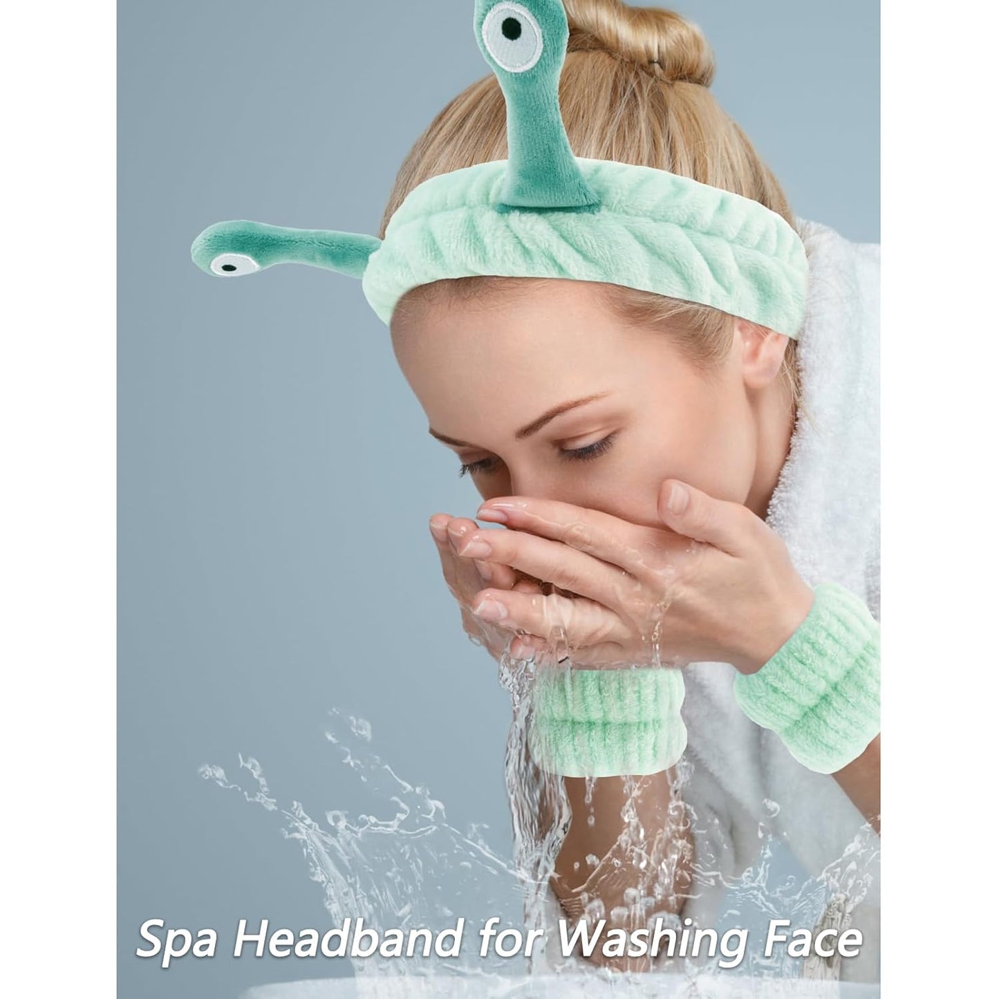 VELSCRUN Spa Headband, Makeup Face Wash Skincare Headbands, 5 Pcs Sponge Get Ready Snail Hairband Facial Wristband Hair Clip Set, Stuff for Teen Girls Women Trendy Hair Accessories Light Green