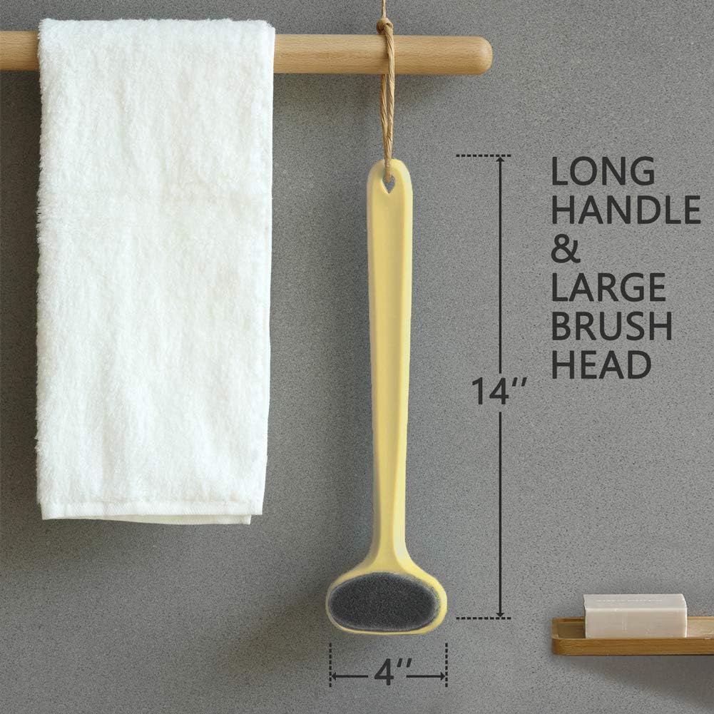 Upgraded Bath Body Brush with Comfy Bristles Long Handle Gentle Exfoliation Improve Skin's Health and Beauty Bath Shower Wet or Dry Brushing Body Brush (14 inch, Gold)