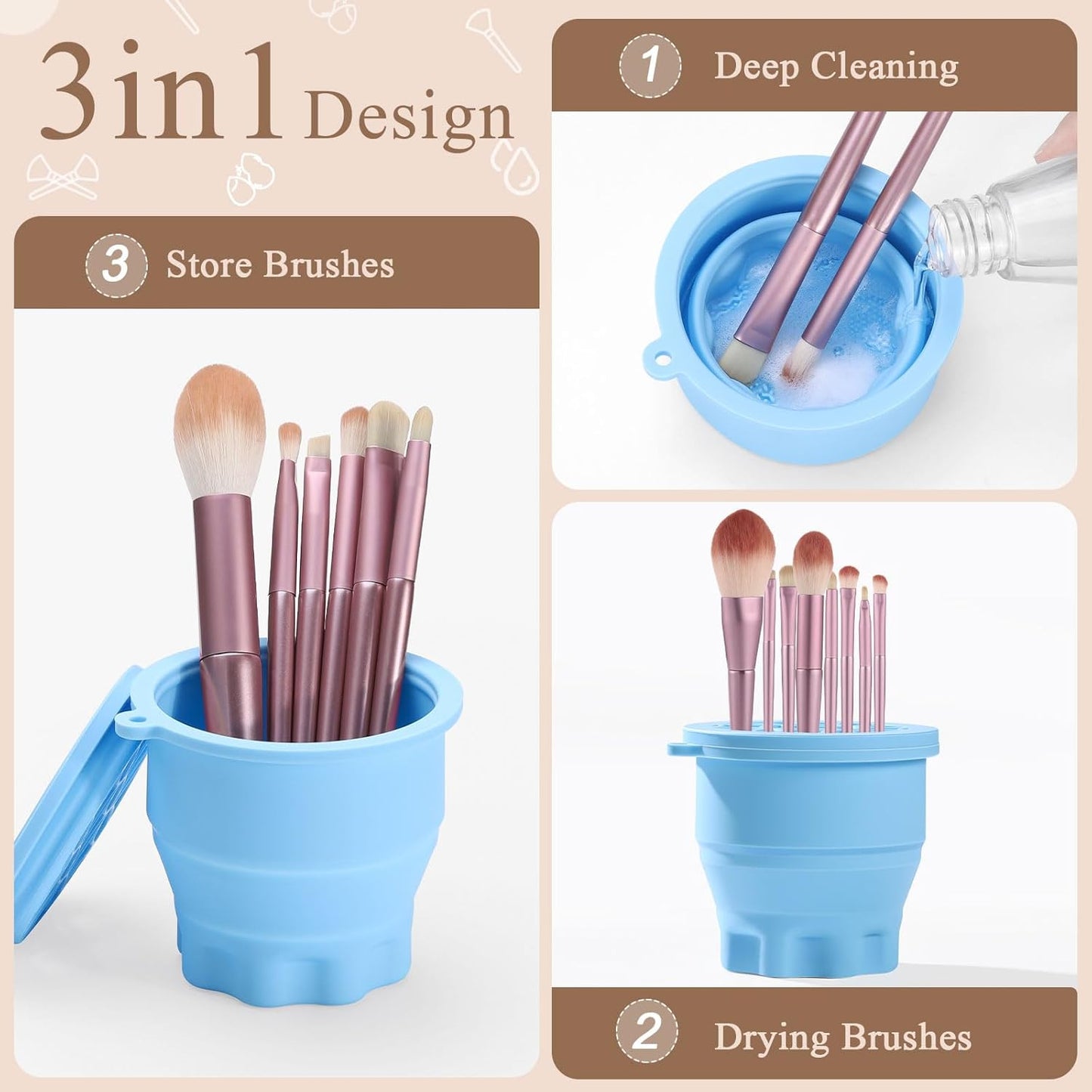 WantGor Makeup Brush Cleaner Mat with Brush Storage Holder, 3 in 1 Foldable Silicone Bowl Cosmetic Brushes Cleaning Pads Tool for Makeup Brush, Makeup Sponge, Powder Puff (Blue)