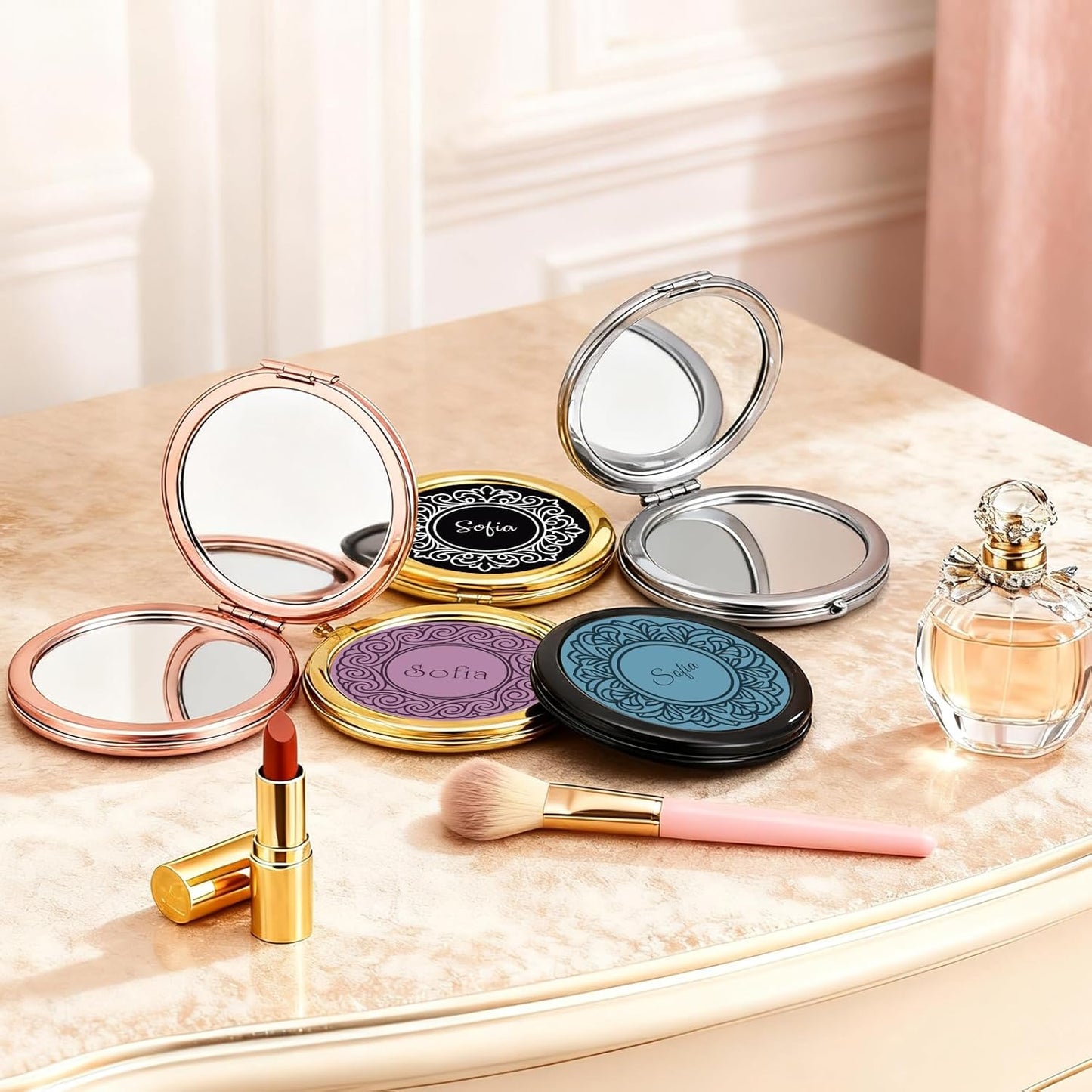 Custom Compact Mirror with Name - Personalized Flip Makeup Travel Pocket Mirror Gift for Women Bridesmaids Wedding Birthday (Beautiful Line)