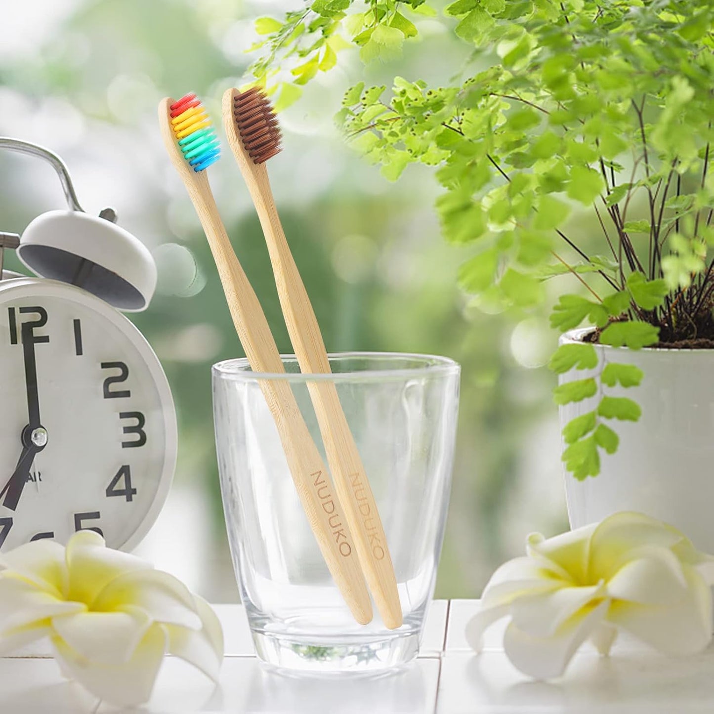 Biodegradable Bamboo Toothbrushes, 10 Piece BPA Free Soft Bristles Toothbrushes, Natural, Eco-Friendly, Green and Compostable (Multicolored Bristles)