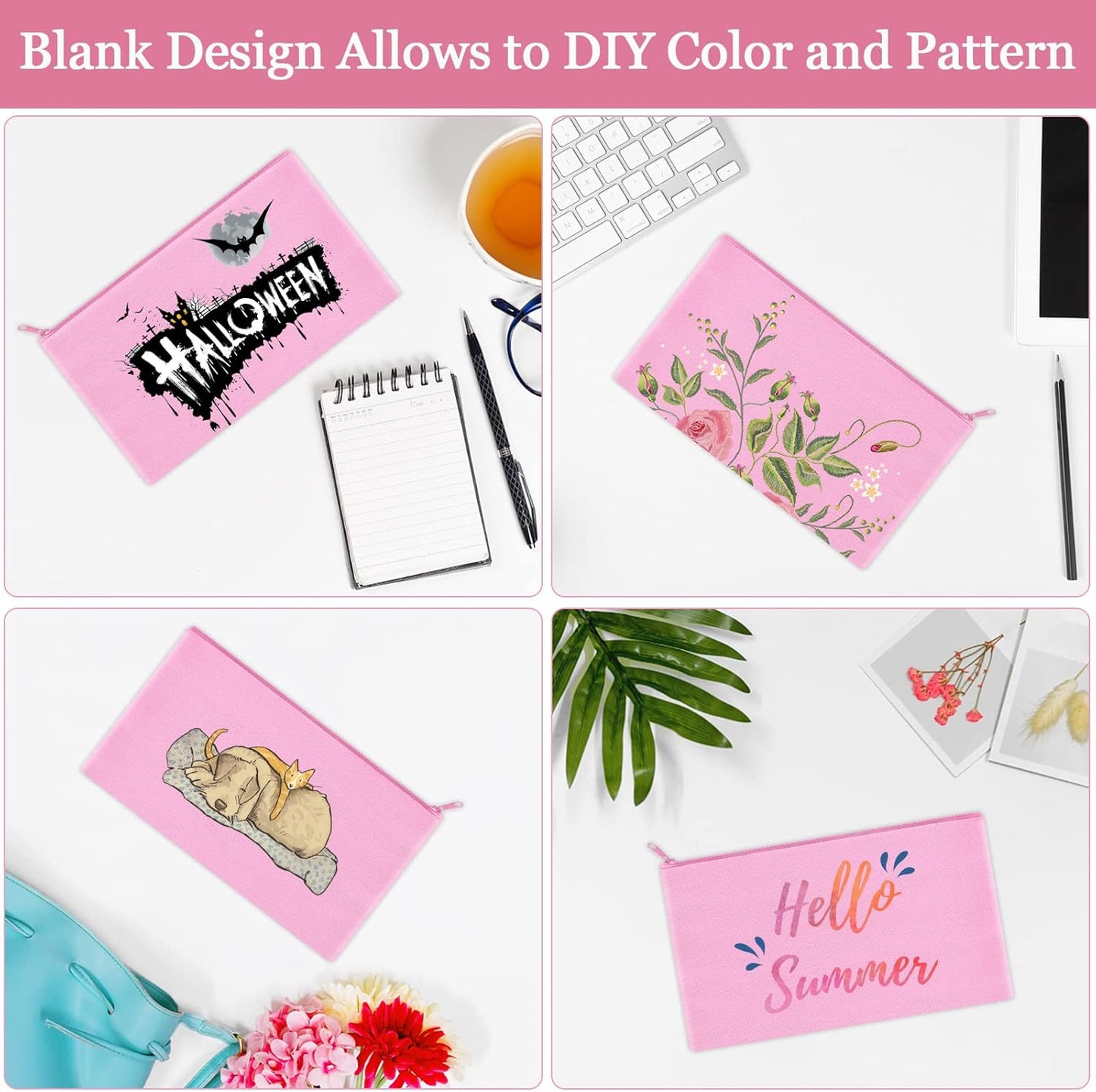 12 Pieces Cotton Canvas Makeup Bag, Multipurpose Cosmetic Bag with Zipper Travel Toiletry Pouch, Blank DIY Craft Bag (Pink, L)