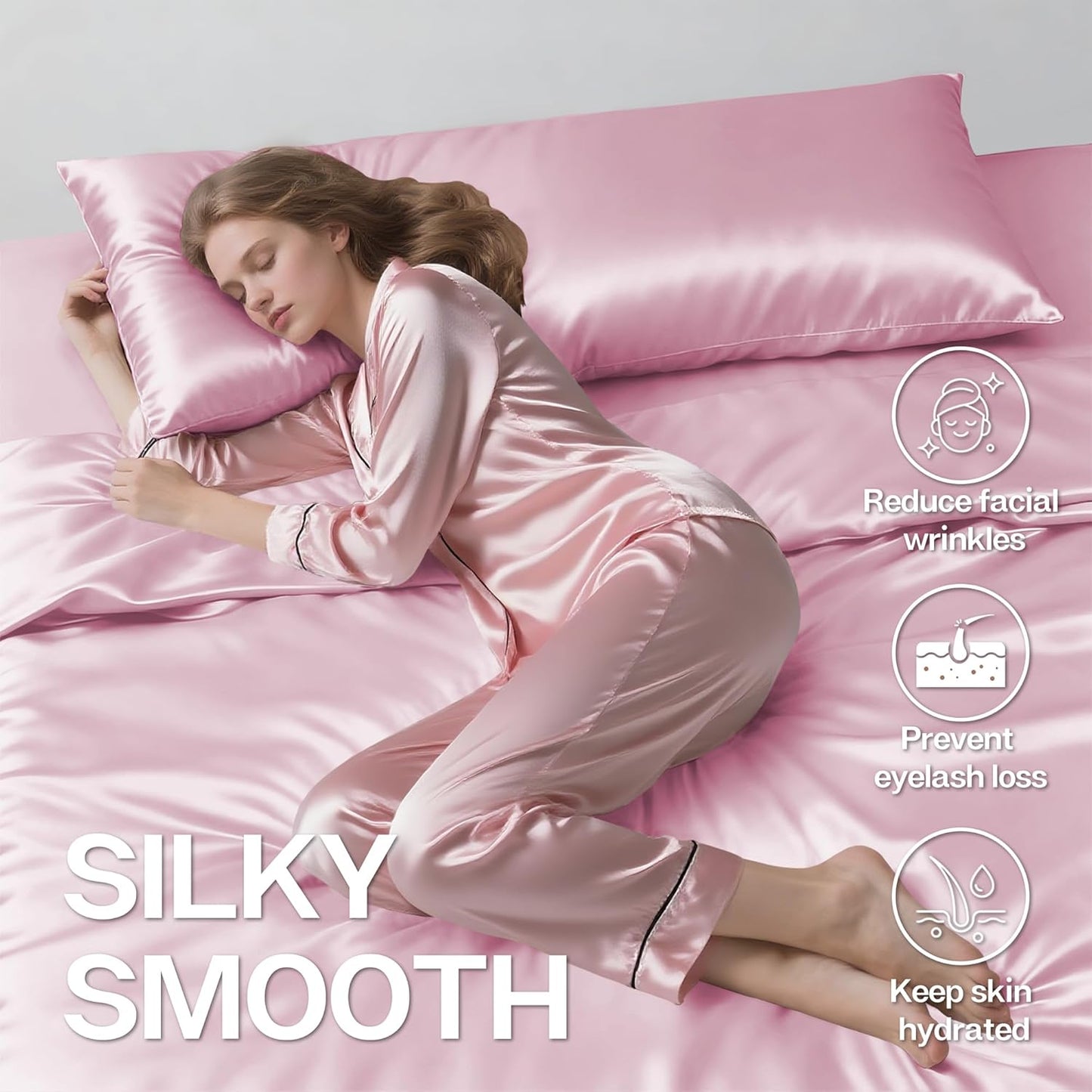 MR&HM Satin Body Pillow Cover, Soft and Breathable Body Pillow Case with Envelope Closure, Cooling and Silky Long Pillowcase for Hair and Skin,Grey (20x54, Pink)