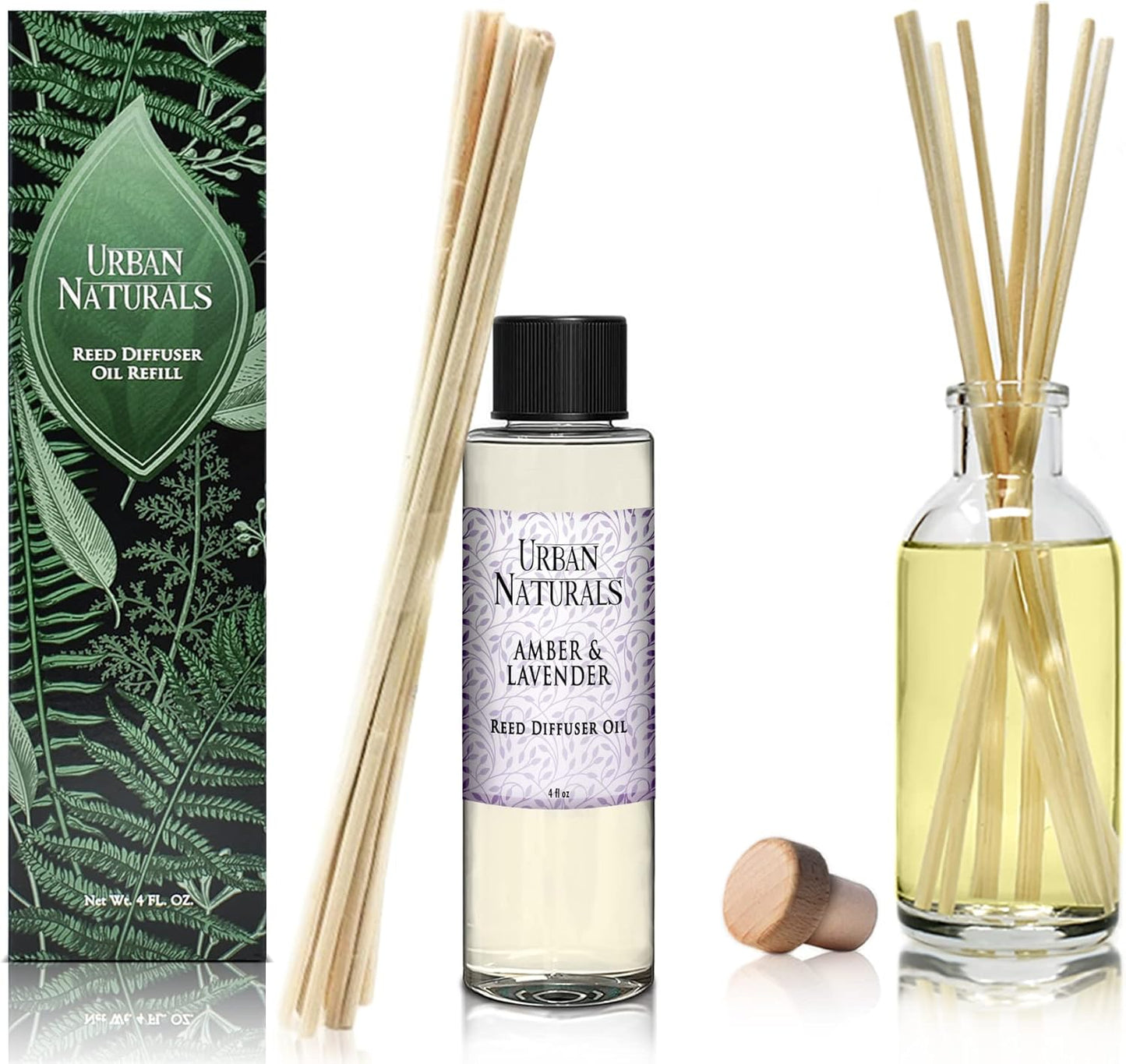 Urban Naturals Reed Diffuser Oil Refill Amber & Lavender, Soothing Lavender, Warm Amber, Calming Room Scent, 4 oz + Free Reed Sticks, Made in The USA