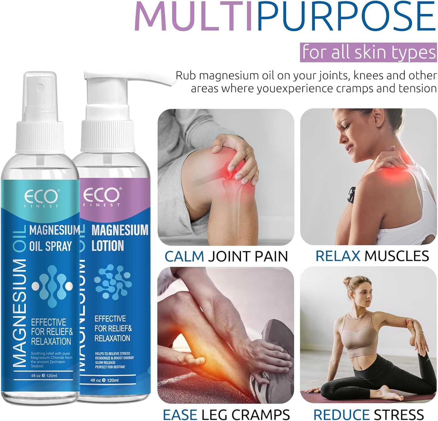 Pure Magnesium Oil Spray & Lotion Duo, Topical Magnesium Oil Lotion for Feet, Skin & Body, Easy to Absorb and Use, Women & Men