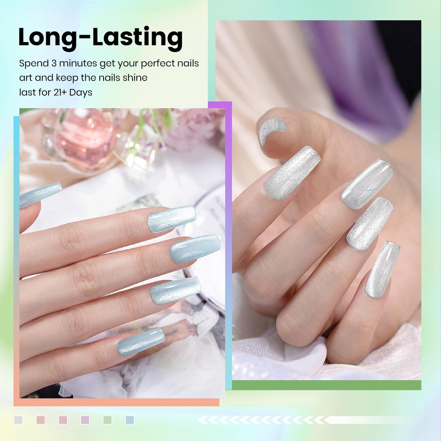 RARJSM Sparkle Diamond Cat Eye Gel Nail Polish Set 6 Colors Nude Pink Milky Jelly Purple Green Blue Silver Glitter Cateye Gel Polish with Magnet Stick UV LED Curing Requires Soak Off Home Salon Diy