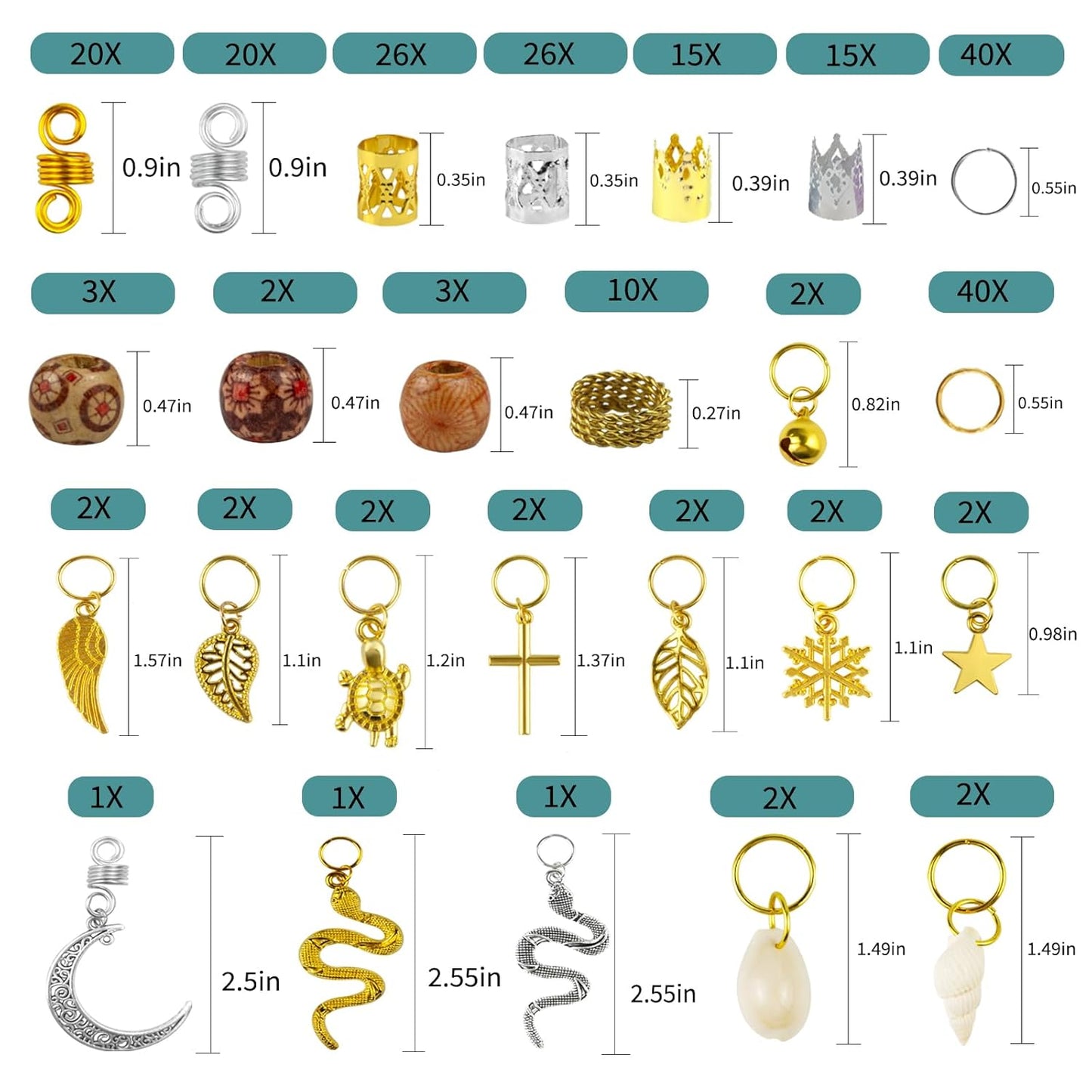 241 PCS Hair Jewelry for Braids and Locs - Metal Gold Silver Clips, Shells, Imitation Wood Beads, Charms, Adjustable Cuffs, Rings for Women and Girls