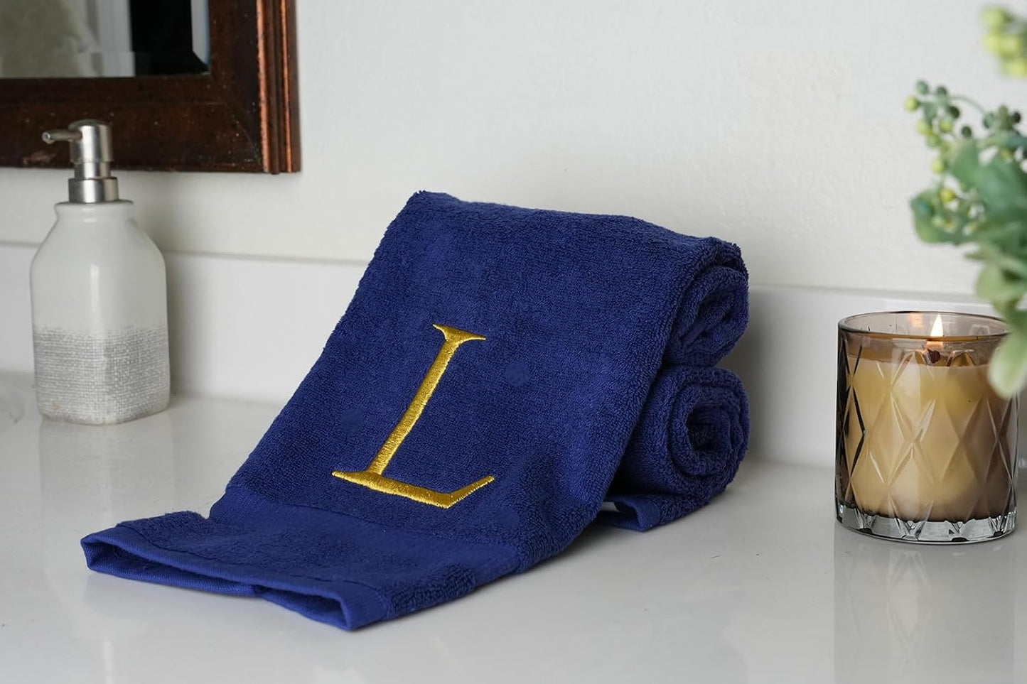 Navy and Gold Bathroom Hand Towel - Monogrammed Luxury Hotel Quality Decorative Embroidered Towel for Powder Room, Spa - GOTS Organic Certified - Pack of 2, Letter L