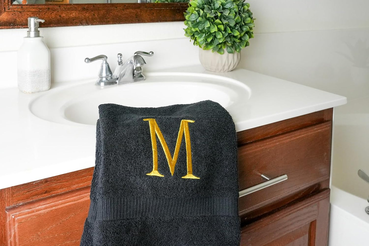 Black Initial Hand Towel for Bathroom - Monogrammed Luxury Hotel Quality Decorative Embroidered Towel for Powder Room, Spa - GOTS Organic -Certified - Pack of 2 - Letter M