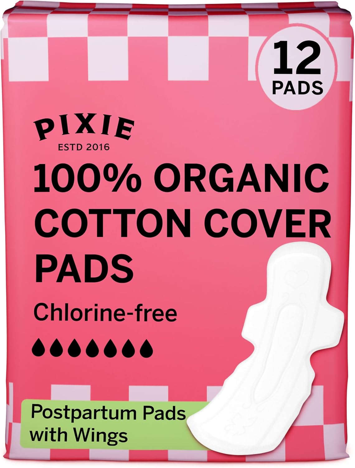 Pixie Organic Cotton Postpartum Pads for Women - Extra Heavy Absorbency with Wings - Leak-Proof, Hypoallergenic & Unscented - Compostable, Biodegradable - 12 Count