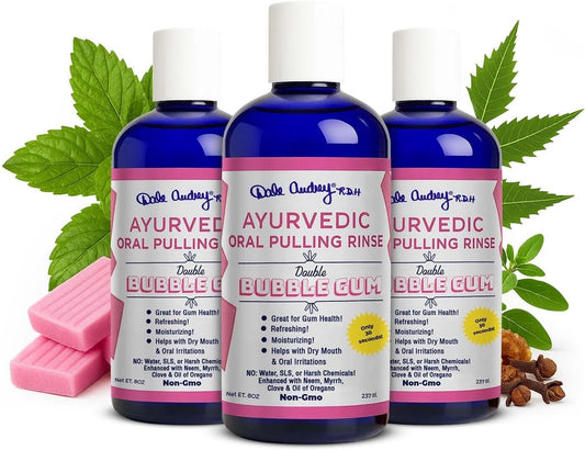 Pack of 3 Ayurvedic Organic Oil Pulling for Teeth and Gums | Bubble Gum Flavored Organic Oral Rinse Mouthwash | Essential Oils for Oral Hygiene, Healthy Gums, Teeth Whitening & Fresh Breath-8 FL Oz