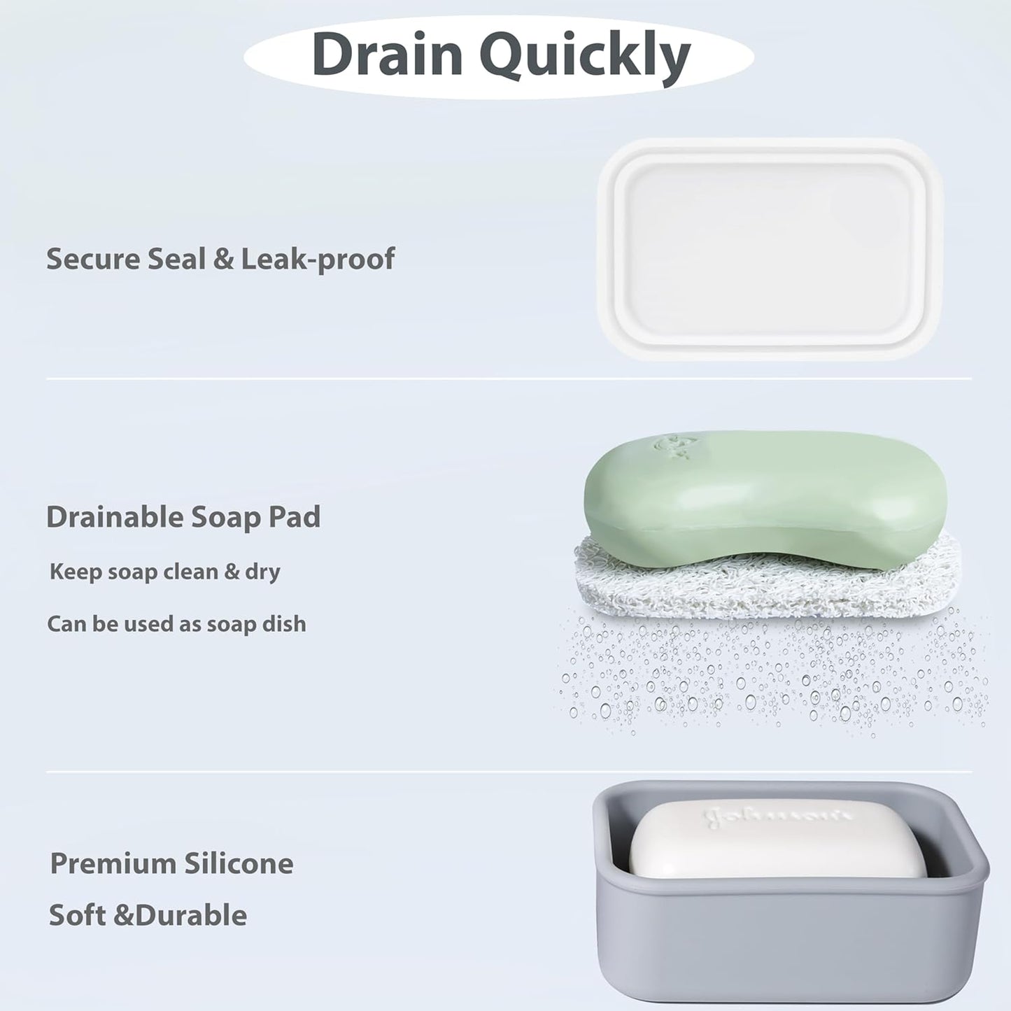 MtBoi 2PC Portable Leakproof Travel Soap Case, Silicone Soap Container, Compact Travel Holder with Drainage Layer, Camping, Gym, Outdoor Lavender&Gray