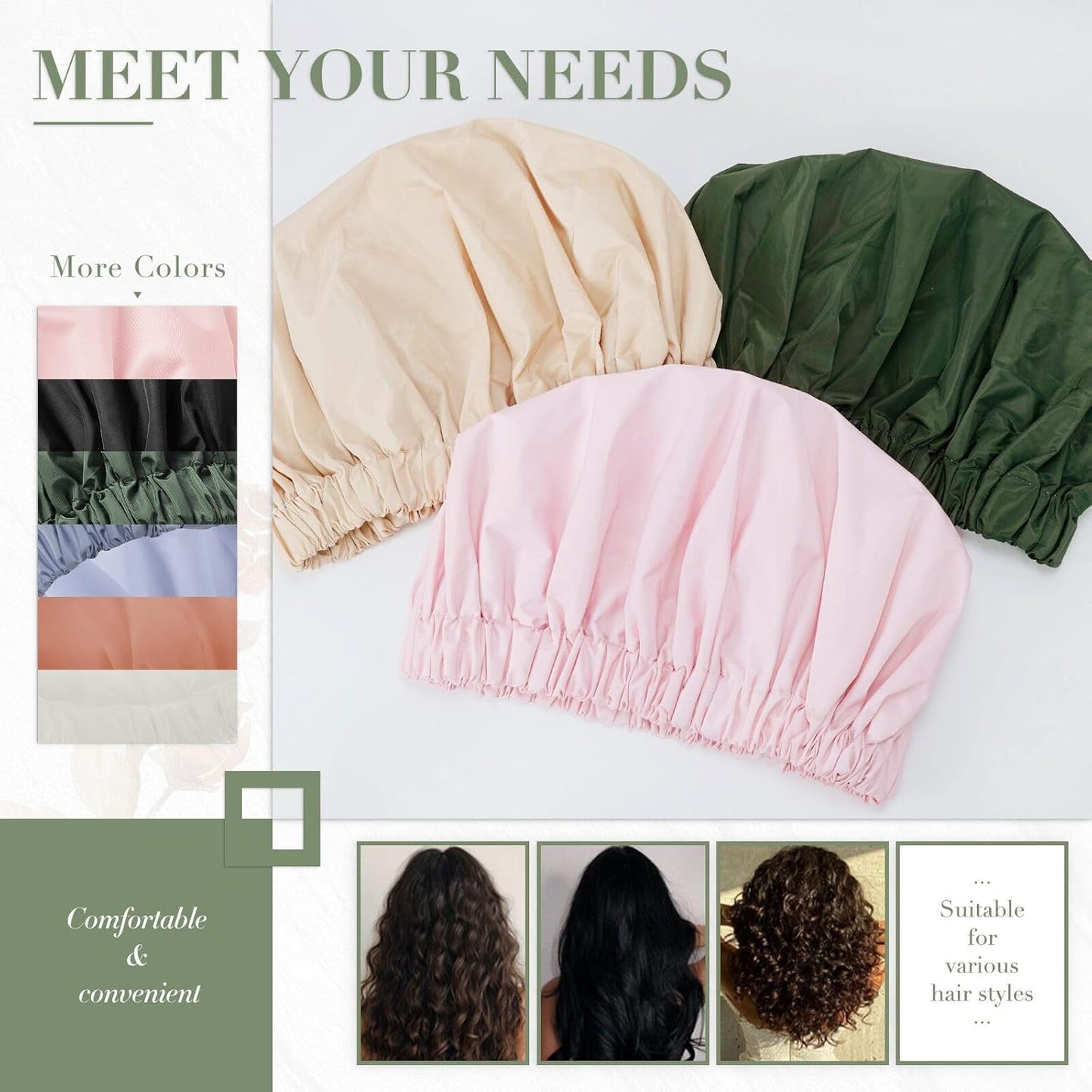 Reusable Shower Cap for Women, Large Waterproof Shower Essentials Bonnet Washable Elastic Band Bath Hair Wrap Hat for Long Hair, Braids(Green&Purple)