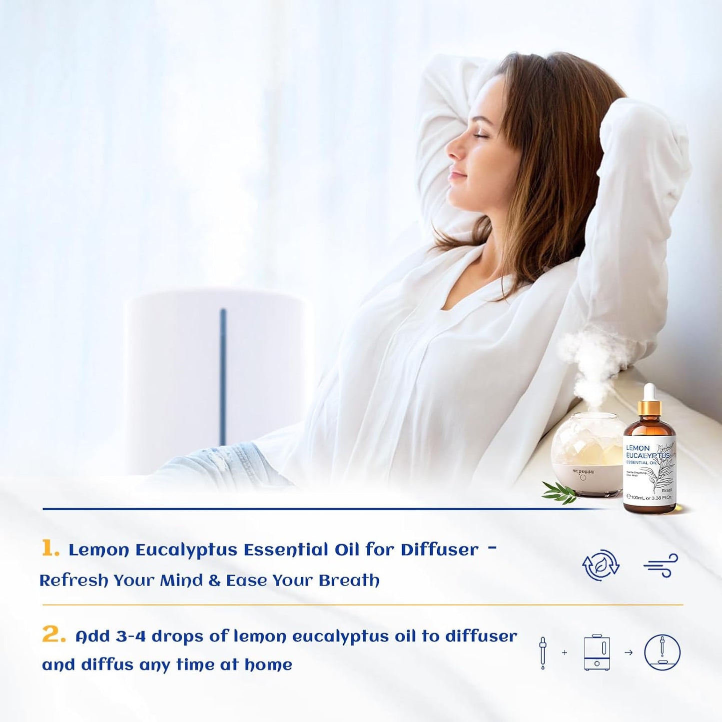 HIQILI Lemon Eucalyptus Oil, for Spary, Diffuser, Indoors, Outdoors, Garden, Yard, 100% Pure Natural - 3.38 Fl Oz