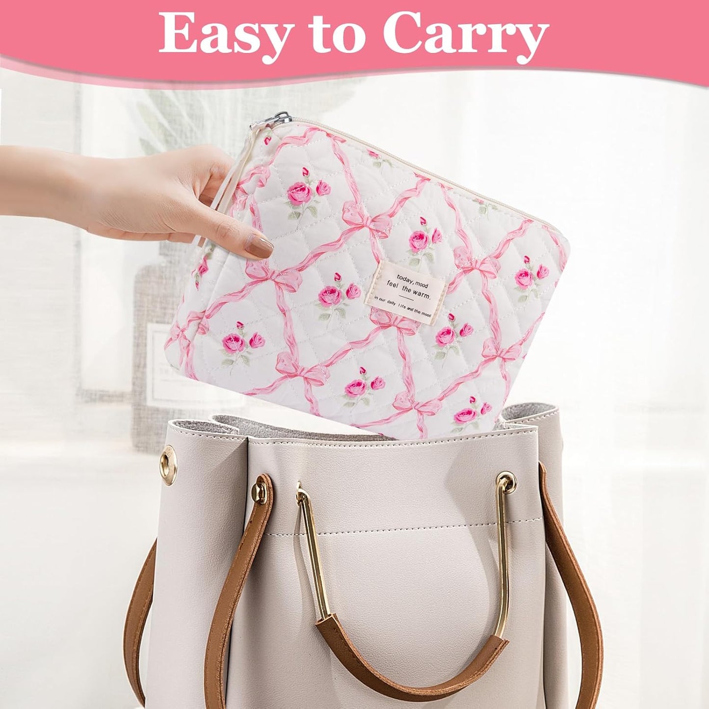 Floral Makeup Bag, Small Cosmetic Bag for Women Girls, Cute Cotton Makeup Bag, Quilted Makeup Bags, Flower Travel Toiletry Organizer Bag(Pink bow ties)