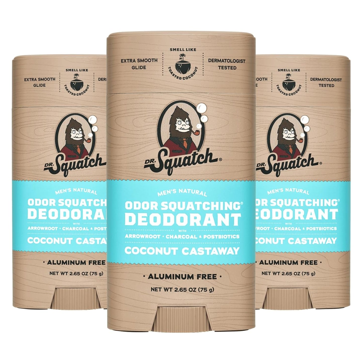 Dr. Squatch Natural Deodorant for Men - Odor-Squatching Aluminum Free - Coconut Castaway (2.65 oz, 3-Pack)