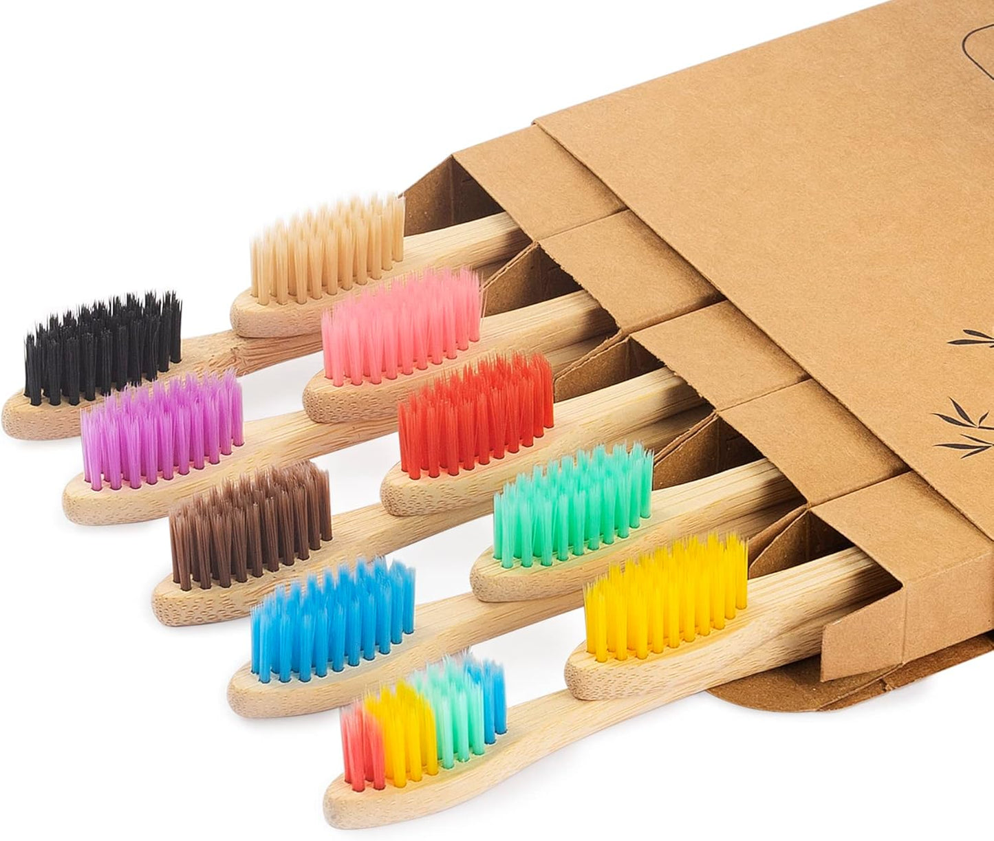 Biodegradable Bamboo Toothbrushes, 10 Piece BPA Free Soft Bristles Toothbrushes, Natural, Eco-Friendly, Green and Compostable (Multicolored Bristles)