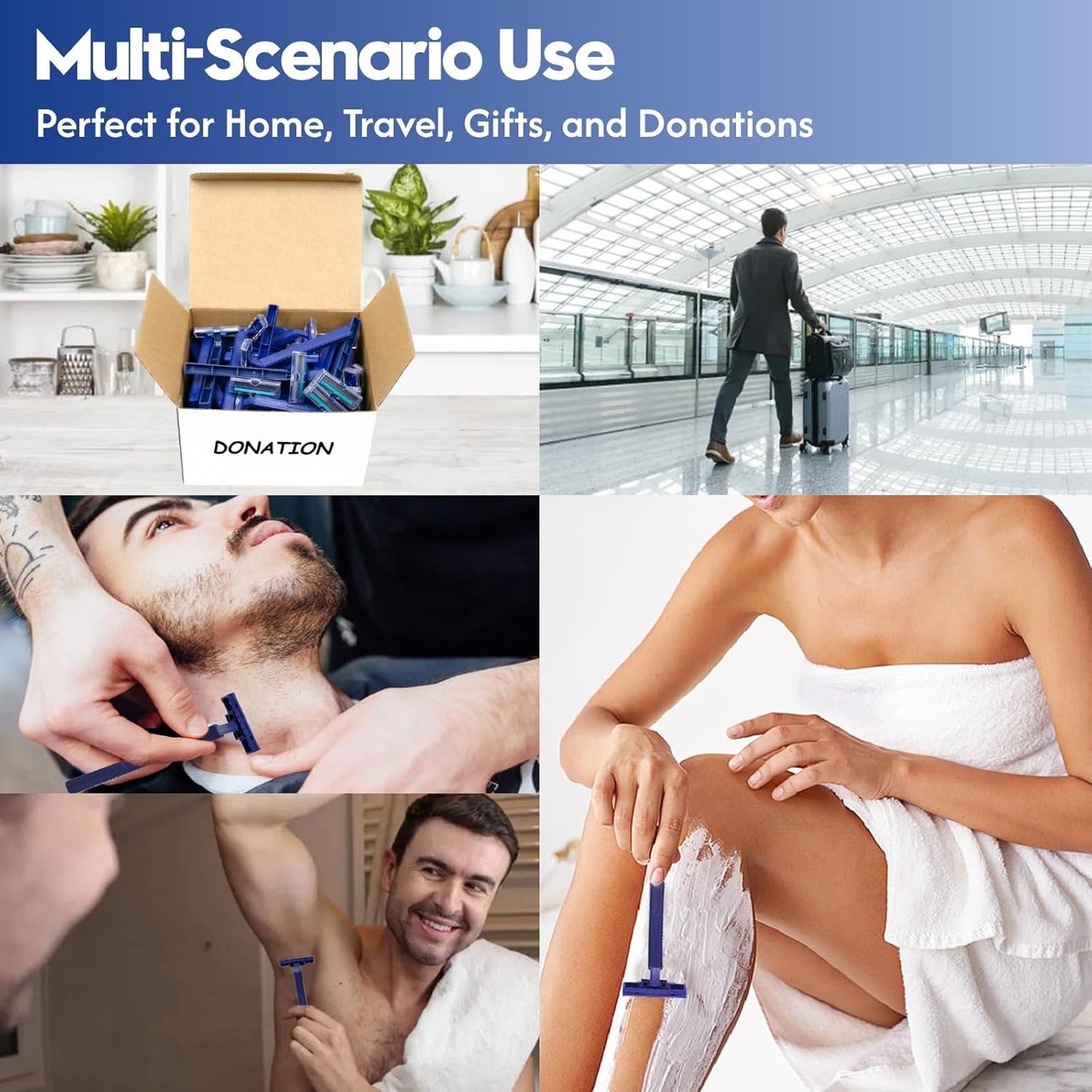 Twin Blade Disposable Razors for Men & Women – 135 Pack Bulk Stainless Steel Shavers with Lubricating Strip & Safety Cap, Non-Slip Handle for Sensitive Skin, Travel, Hotel, Charity (Blue)