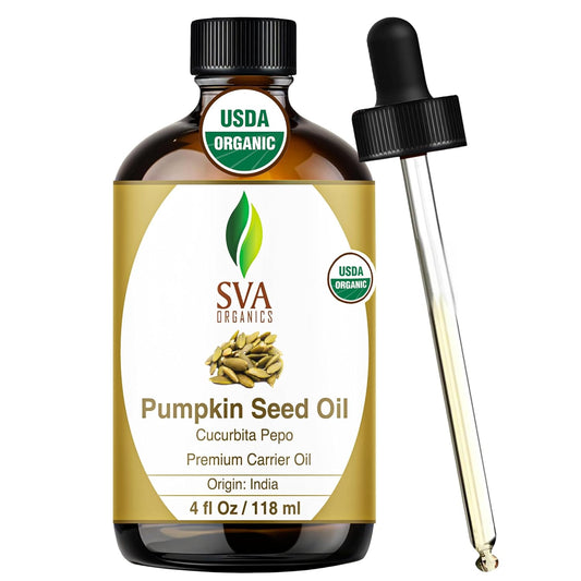 SVA Pumpkin Seed Oil Organic - 4 Fl Oz – 100% Natural Cold Pressed Organic Pumpkin Oil - for Face, Skin Care, Hair Care, Scalp Massage & Body Massage – Carrier Oil with Dropper