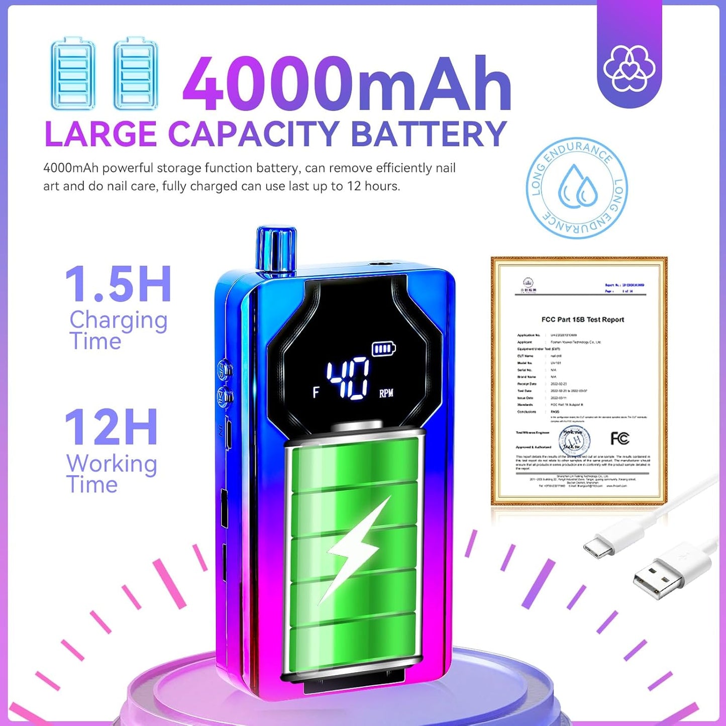 SAVILAND Nail Drill Professional: 40000RPM Nail Drill Machine 2024 Portable Nail File Faster Removal Acrylic Nails & Large Battery Capacity for Nail Art, Pedicure Manicure Home Nail Salon