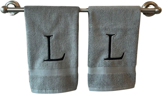 Gray Initial Hand Towel for Bathroom - Monogrammed Luxury Hotel Quality Decorative Embroidered Towel for Powder Room, Spa - GOTS Organic Certified - Set of 2 Black Letter L