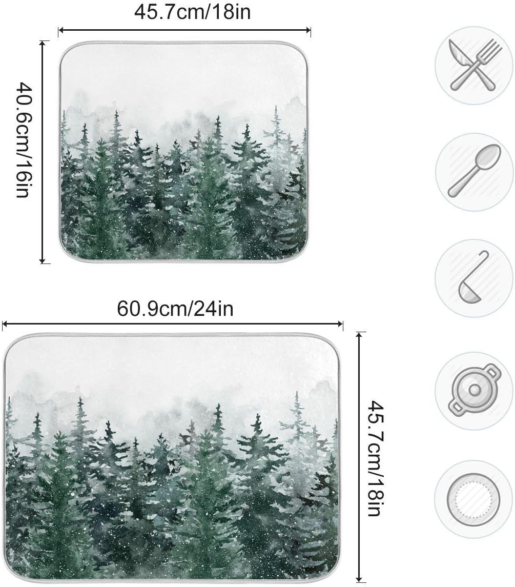 Winter Forest Scenery Dish Drying Mat for Kitchen Christmas Tree Snow Xmas Microfiber Drying Mats Absorbent Reversible Dish Pad Medium Dish Draining Mat 16x18 inch