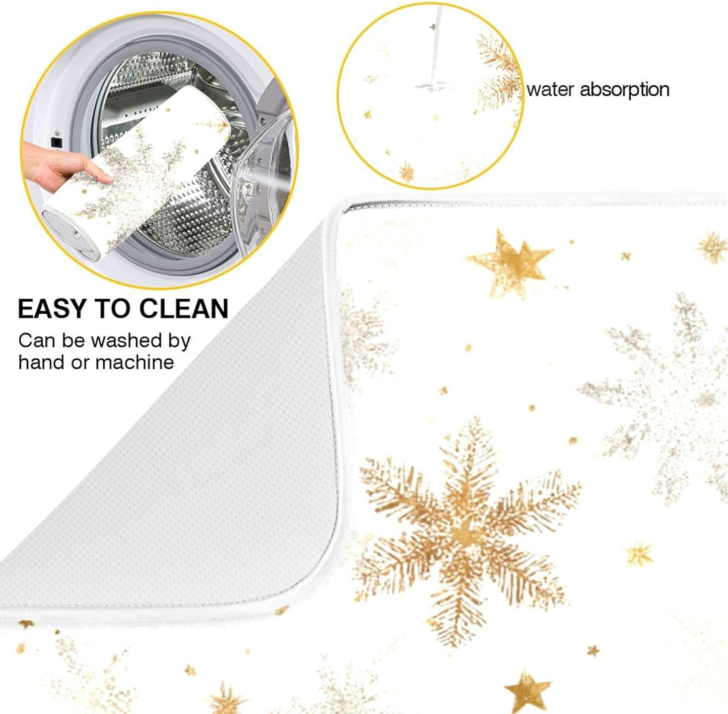 Winter Snowflake White Dish Drying Mat for Kitchen Countertop 18x24 Christmas Snow Golden Xmas Large Drying Mat Reusable Quick Dry Dish Sink Mats Easy Clean Decorative Essentials