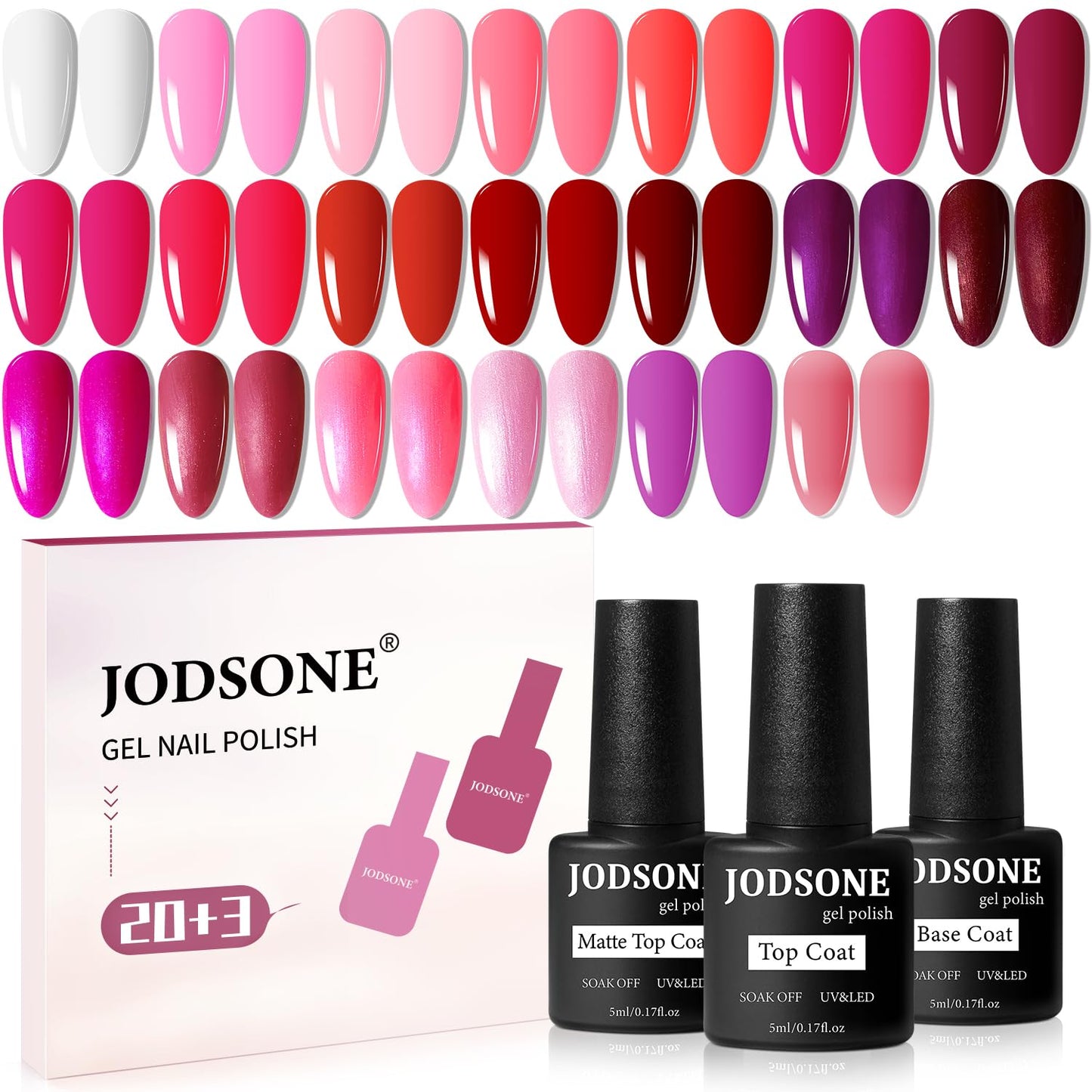 JODSONE 23 PCS Glitter Gel Polish with Soak off Base Coat Matte and Glossy Top Coat Glitter Red Pink Color High Shine and Fashion Gel Nail Polish Kit