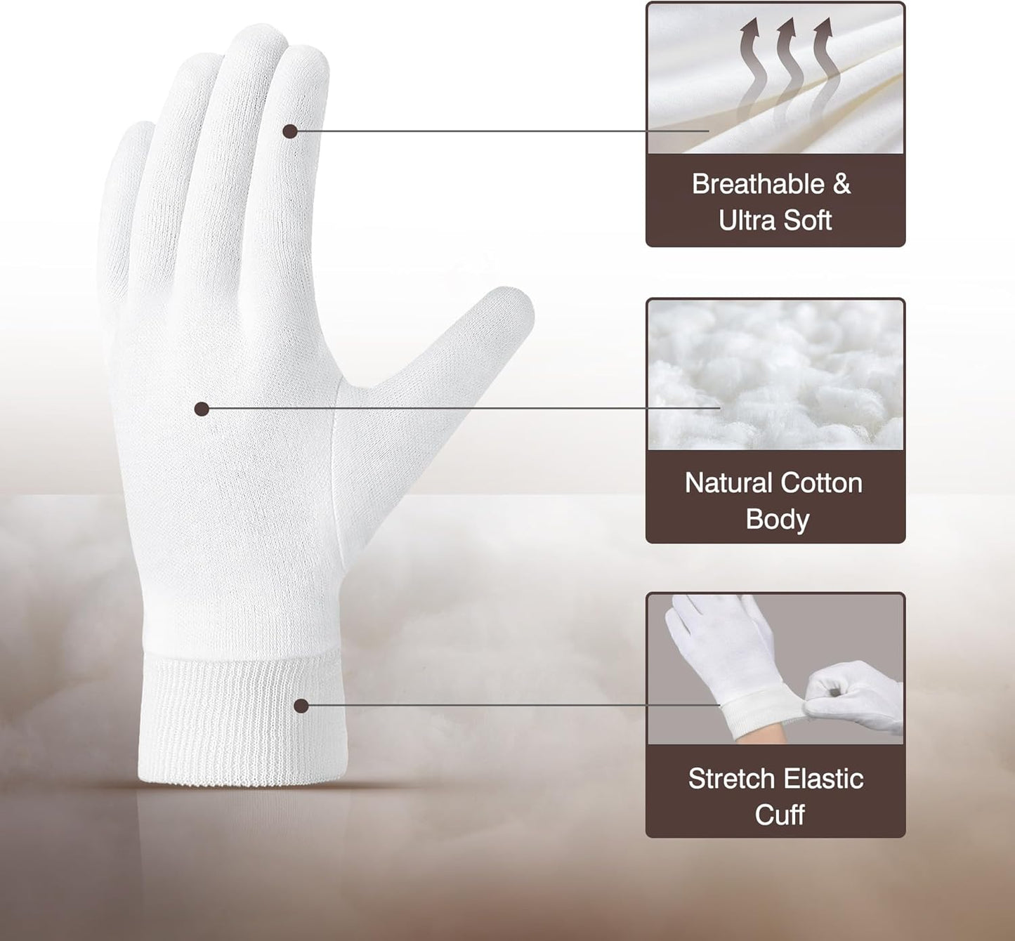 COOLJOB 4 Pairs Soft Moisturizing Cotton Gloves Set with Stretch Elastic Cuff, Overnight Lotion Sleeping Gloves for Dry Hands, Eczema Skin, Beauty Women SPA Essentials, Small, White