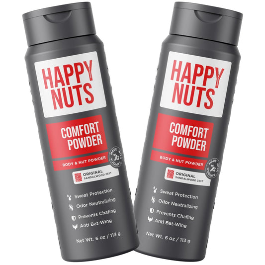 Happy Nuts Comfort Powder - Anti-Chafing, Sweat Defense & Odor Control for the Groin, Feet, and Body - Body Powder for Men (2 PACK)