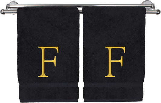 Monogrammed Hand Towel, Personalized Initial Gift, Extra Absorbent 100% Turkish Cotton - Soft Terry Finish - Set of 2 - Gold Block Initial F - Embroidered on Black Towels