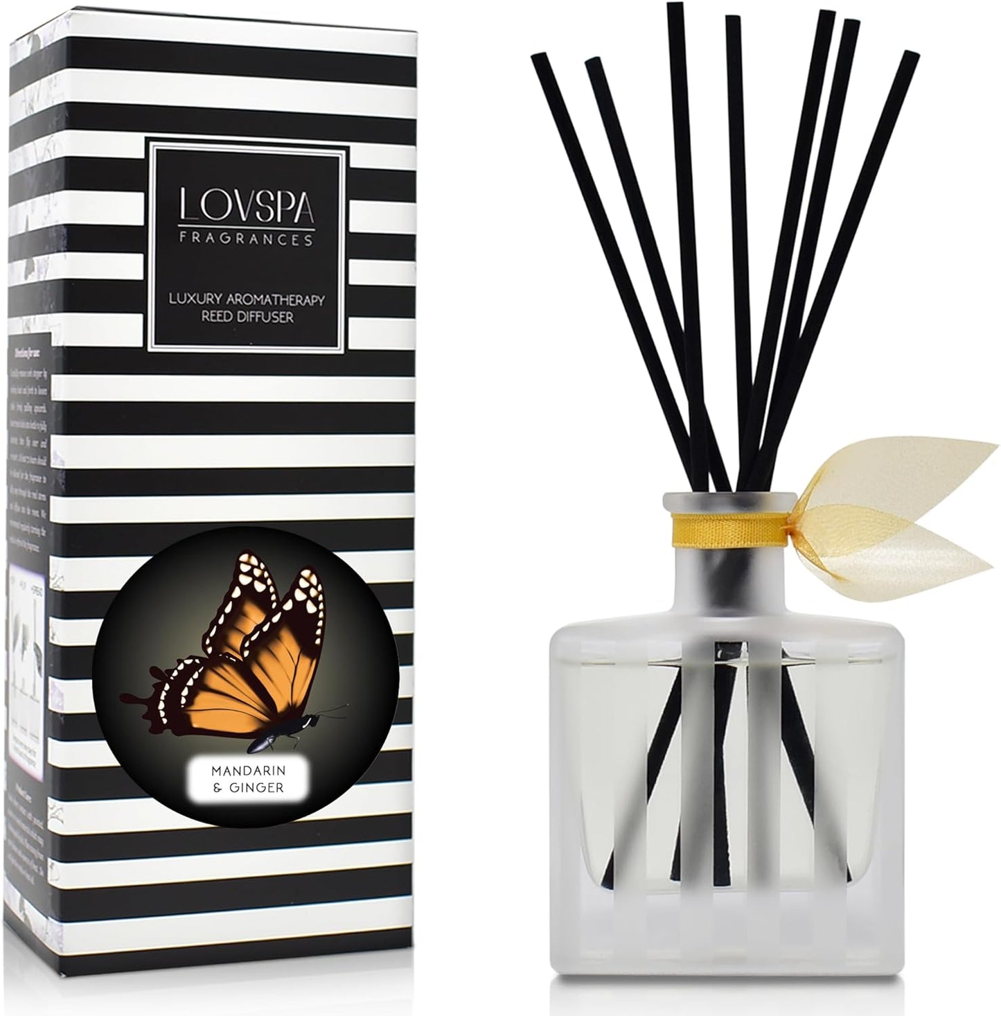 LOVSPA Reed Diffuser Set, Mandarin & Ginger Scented Oil Diffuser with Sticks, Home Fragrance Accessories for Bathroom Shelf Decor, Aroma Diffusers for Home or Office Desk, USA Made