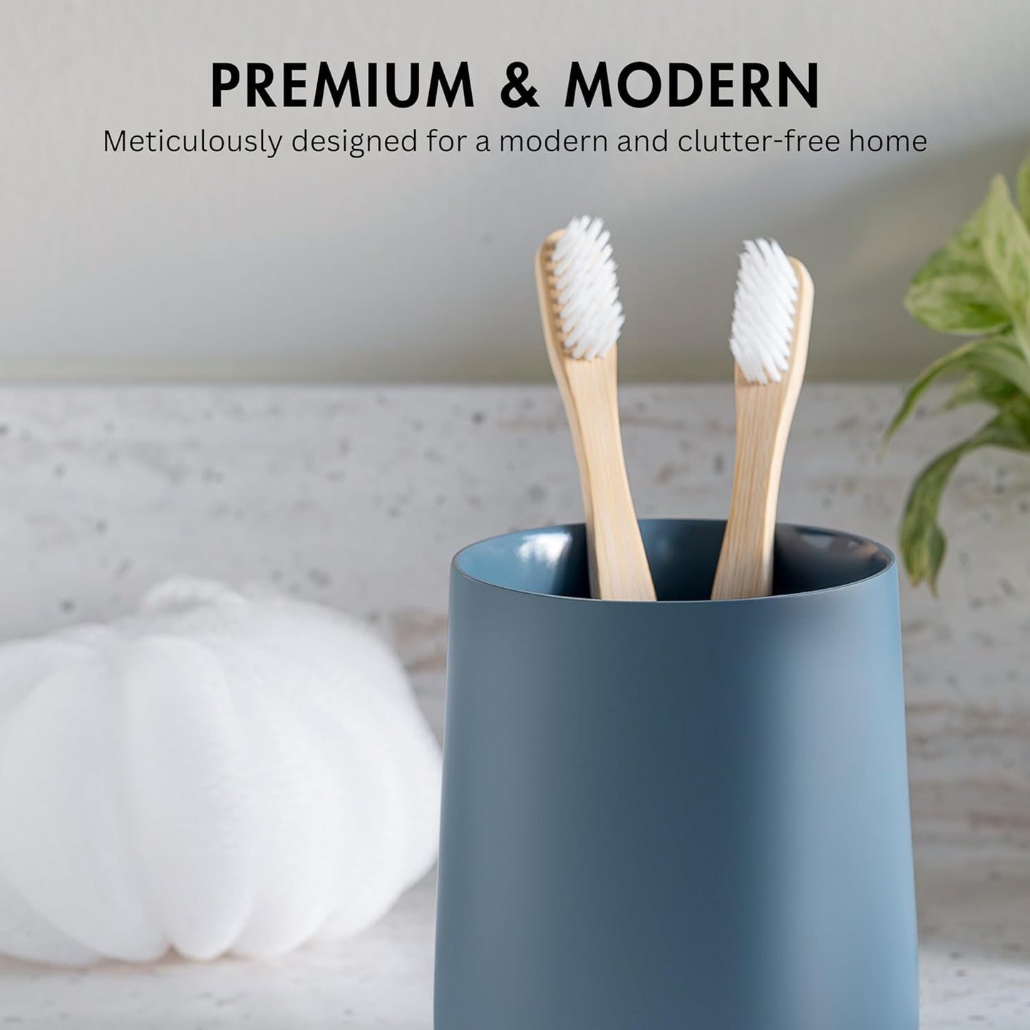 Matte Blue Toothbrush and Toothpaste Holder and Cup for Bathroom Vanity and Countertop, Round Organizer for Electric Toothbrushes, Floss, Razors, Cotton, and Mouthwash