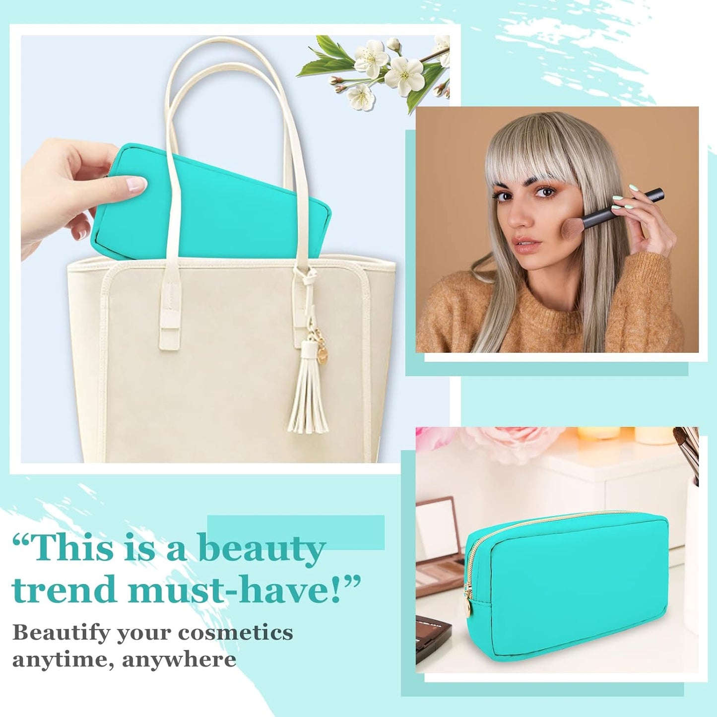 Nylon Small Makeup Bag for Purse, Cute Preppy Makeup Bag Cosmetic Zipper Pouch Purse, Waterproof Portable Travel Toiletry Bag Coin Pouch Clutch Makeup Brush Bag Organizer Storage for Women Girls(Mint)