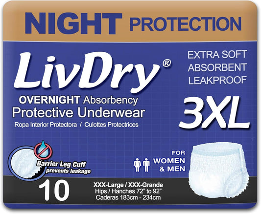 LivDry Adult Incontinence Underwear, Overnight Comfort Absorbency, Leak Protection (XXX-Large (10 Count))