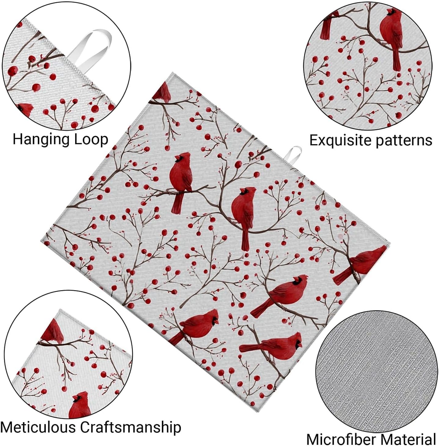 Dish Drying Mat For Kitchen Counter, Cardinal Bird Red Berry Microfiber Absorbent Dish Drainer Rack Pad Reusable Large 18x24in Drying Mat