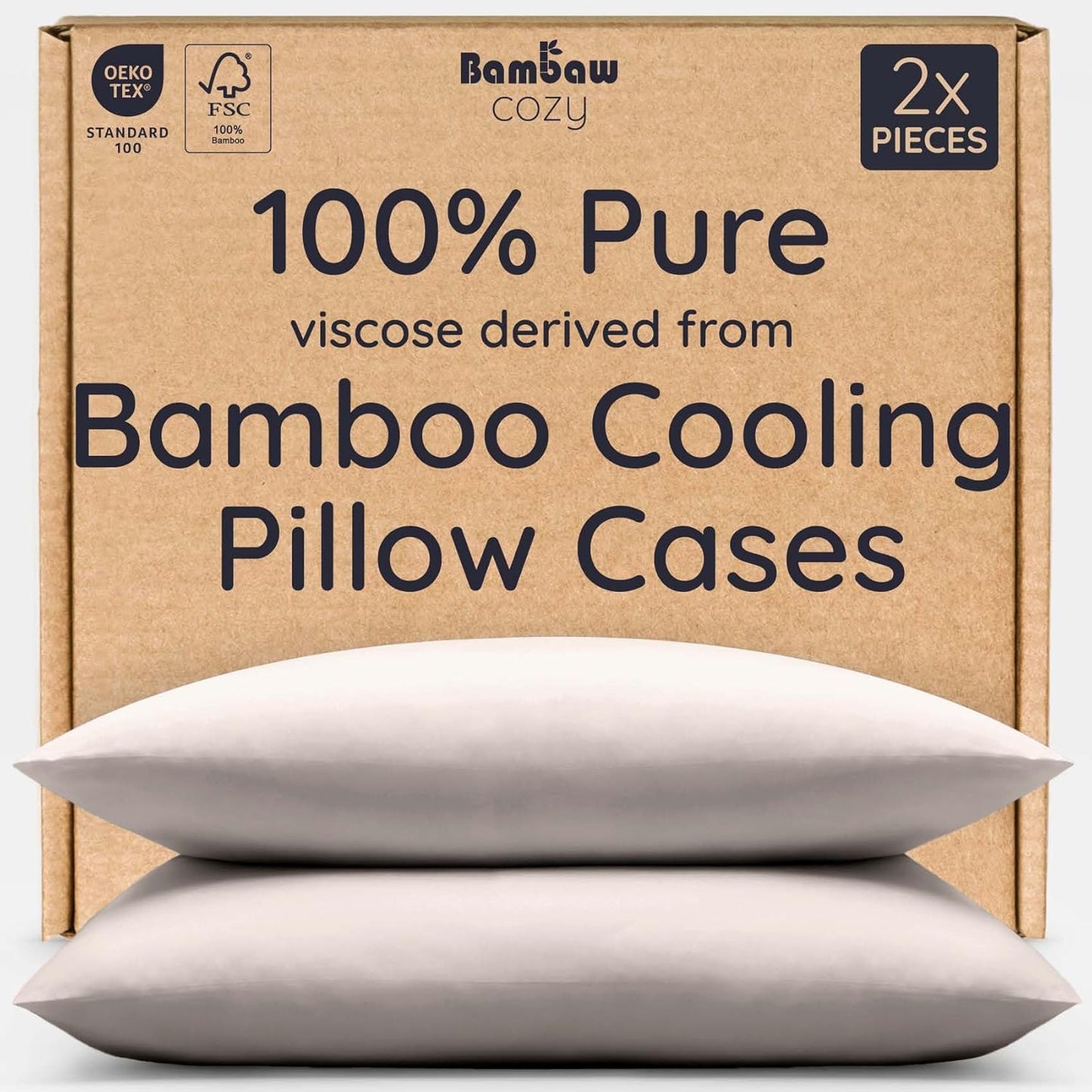 Bambaw 100% Viscose Derived from Bamboo Pillowcase Standard Size – Set of 2 Cooling Pillow Cases with Envelope Closure, Breathable & Soft Pillow Cases Standard Size (Sand)