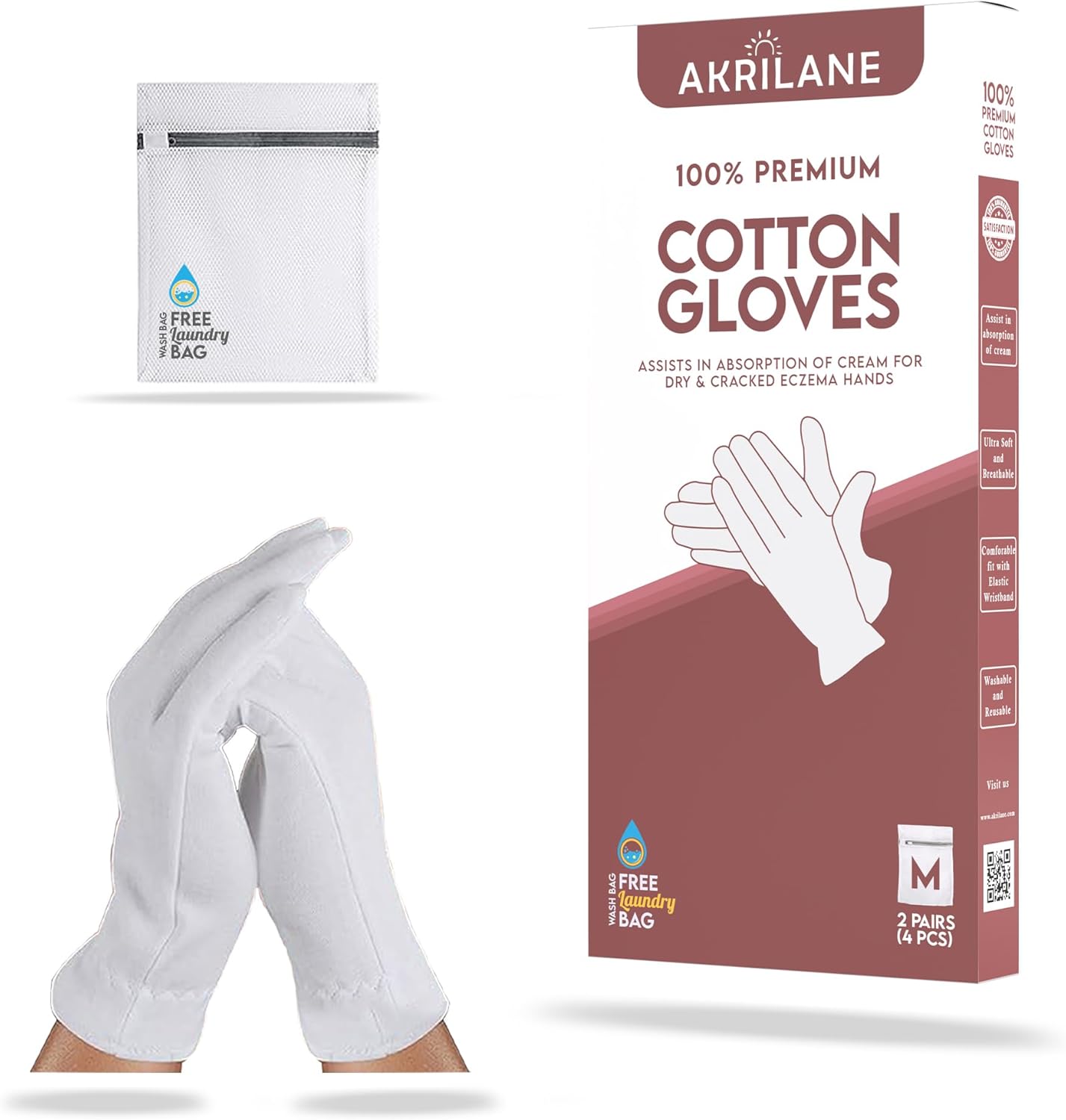 AKRILANE Medium 2 Pairs Cotton Moisturizing Gloves for Dry Hands | Eczema, Psoriasis & Skin Spa Treatment for Women & Men | Washable & Reusable with Free Laundry Bag