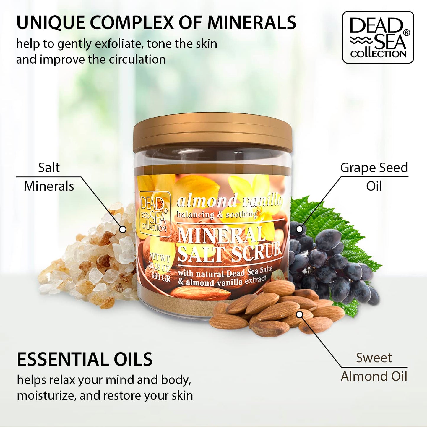 Dead Sea Collection Almond Vanilla Salt Scrub – Exfoliating Body Scrub for Women – Moisturizing and Nourishing Skin – with Pure Oils and Dead Sea Minerals (23.28 Oz)