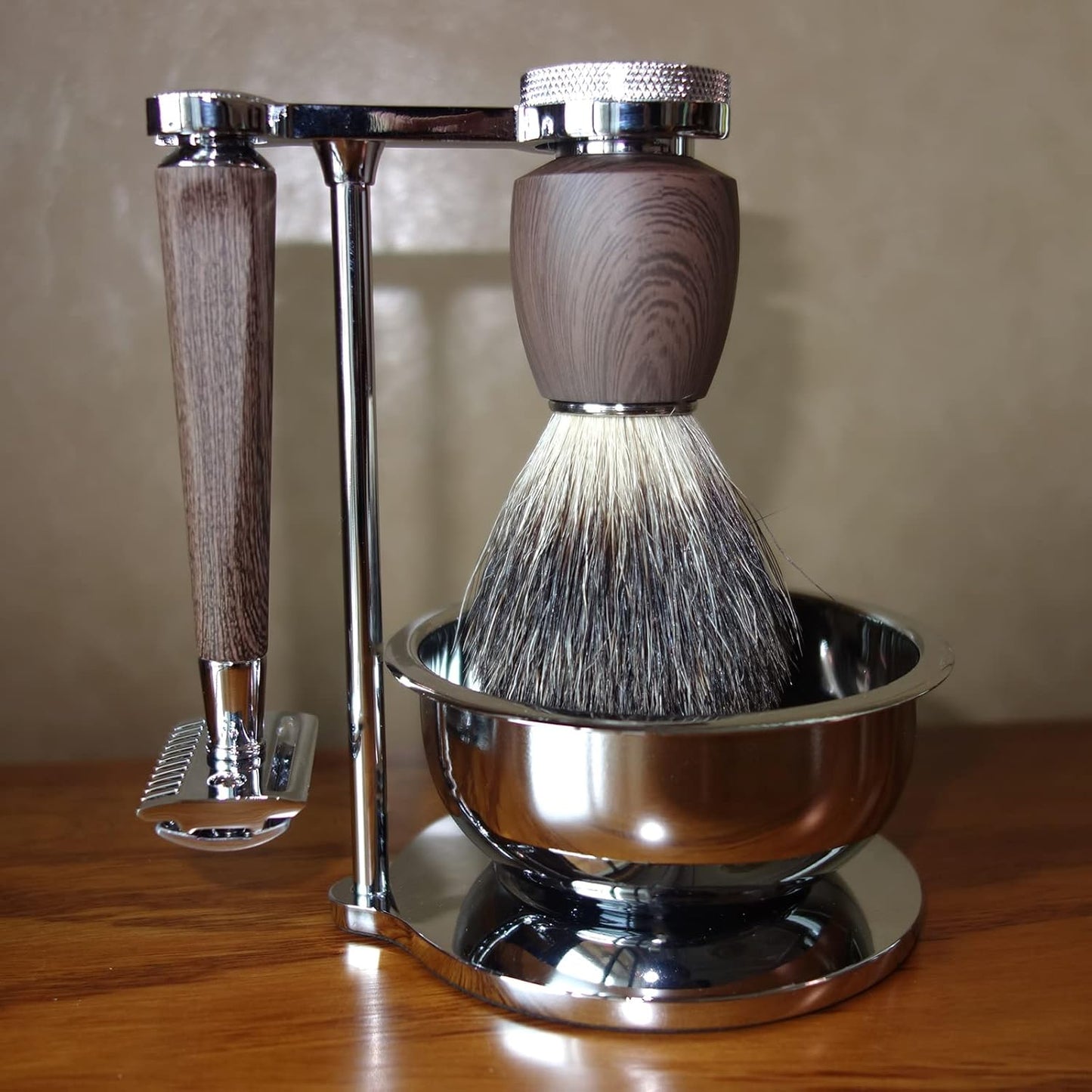 Professional Shaving Set for Men,Include Wet Shave Beard Safety Razor,10 Razor Blades,Rosewood Grain Handle Badger Hair Salon Shave Brush and Bowl Stand -Unique Gift for Father's Day
