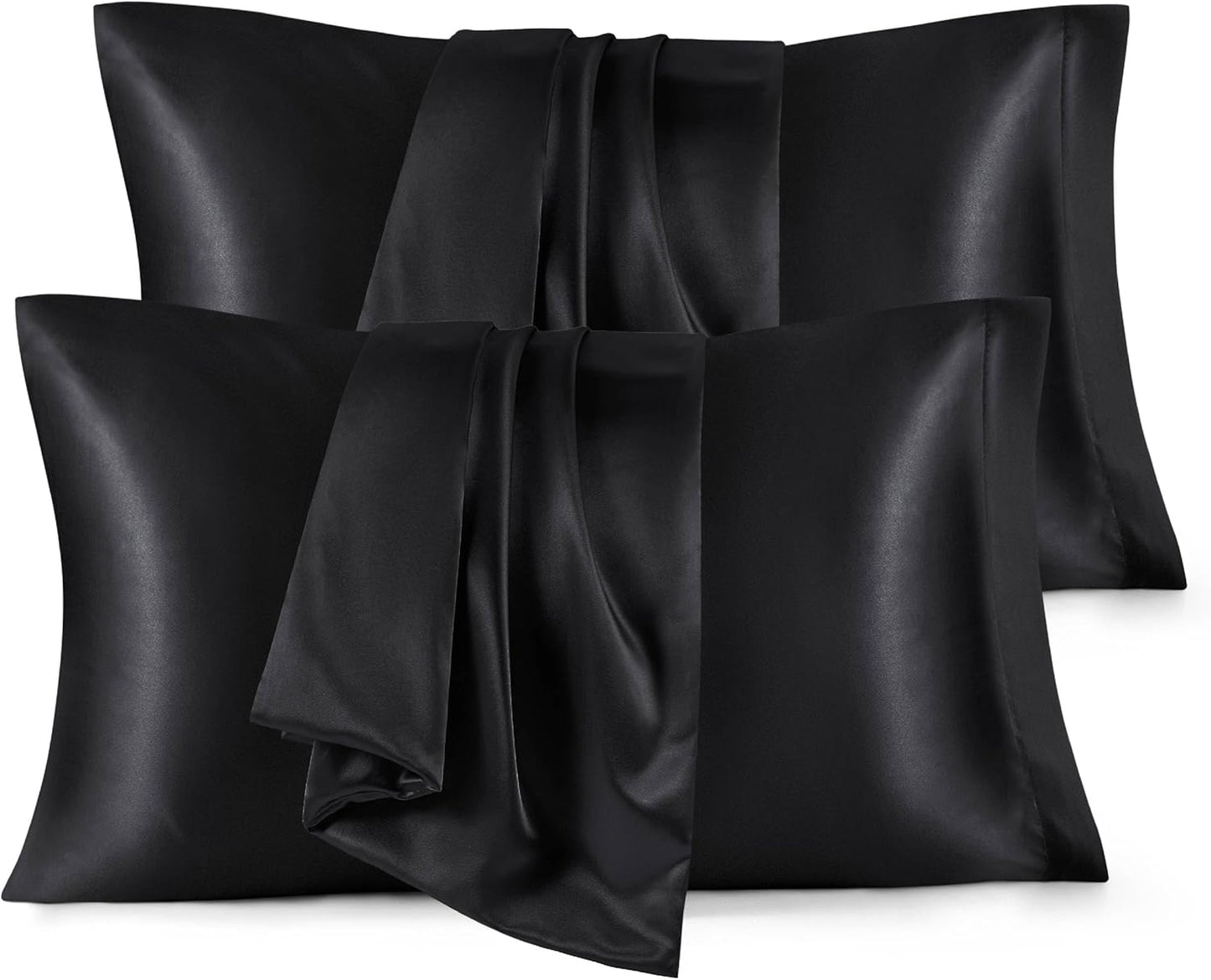 Bedsure Satin Pillowcases Standard Set of 4 - Black Silk Pillow Cases for Hair and Skin 20x26 inches, Satin Pillow Covers 4 Pack with Envelope Closure, Gifts for Women Men